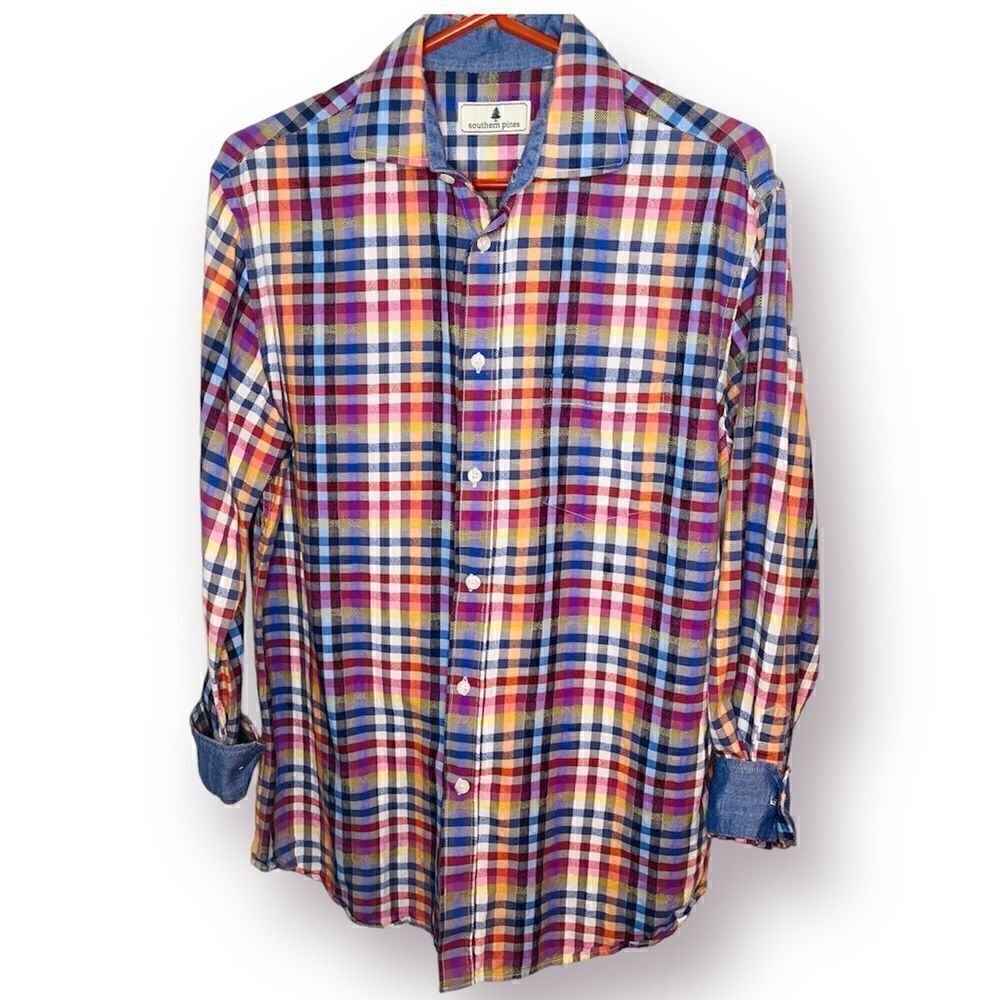 Southern Pines Plaid Button Up Shirt Chambray Trim Blue Pink M